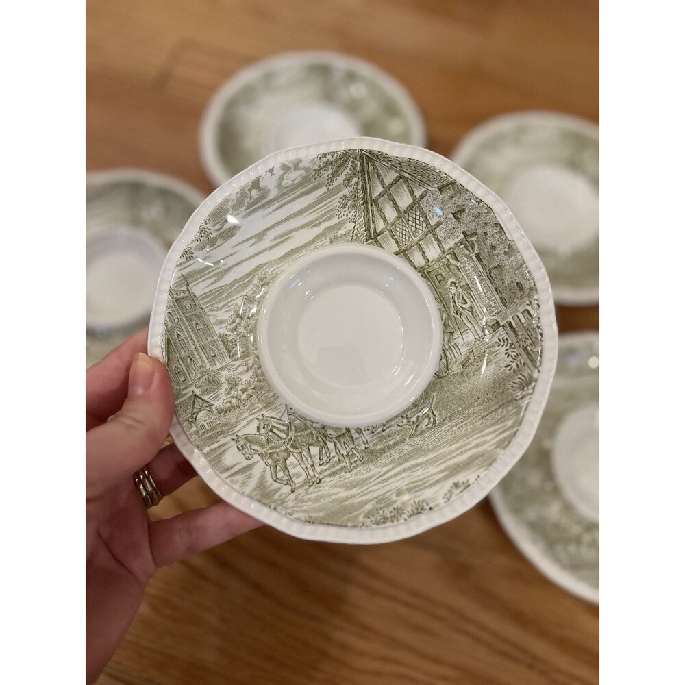 Set 6 Staffordshire Kensington Dickens Coaching Days Ironstone Green Tea Saucers